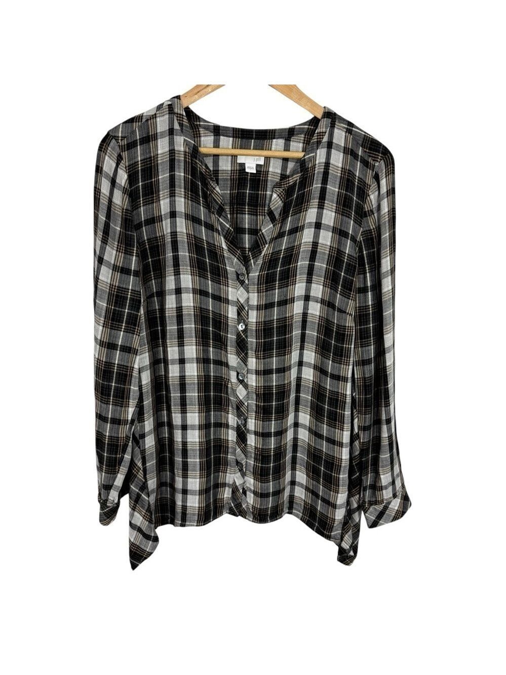 J. Jill Plaid Button Up Shirt Womens L Black Brown Lightweight Top Blouse Casual